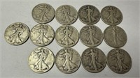 12 Walking Liberty Half Dollars, 1930s-40s