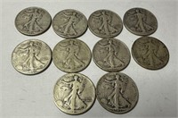 10 Walking Liberty Half Dollars, 1940s