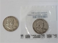 2 Franklin Silver Half Dollars 1952 1954D