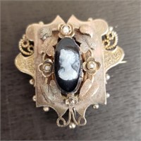 Vintage Victorian Style Gold(?) Brooch w/ Cameo &