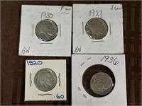 4 Buffalo Nickels 1920-1936