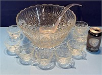 12in crystal/pressed glass punch bowl w/8 cups