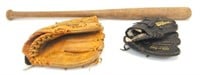 2 Wilson Gloves & Hutchinson Bros. Wooden Bat