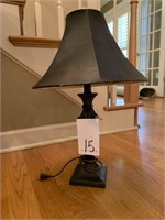 23 “ IRON LAMP W/ BLACK FAUX LEATHER SHADE