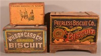 Three Paper-Labeled Wooden Advertising Crates.