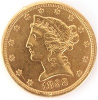 1898-S 90% GOLD $5 LIBERTY HEAD COIN