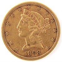 1898-S 90% GOLD $5 LIBERTY HEAD COIN