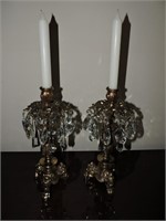 Pair of Vintage Solid Brass Candleholder w/ Prisms