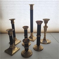 Lot of 7 Brass Black Candlesticks Mod Deco 12" 4"