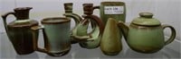 Frankoma green ware - 7 pcs- including pair candle