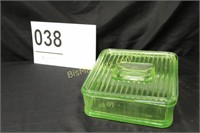 Green Depression Glass Covered Refrigerator Dish