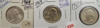 (3) Washington Silver Quarters. Dates: 2-1964,