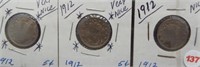 (3) 1912 Liberty Nickels. Very Nice.