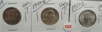 (3) Washington Silver Quarters. Dates: 1949,