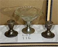2 candle stick holders and candy dish holder