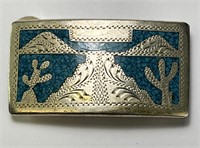Vint Mexico Sterling Turquoise Inlaid Belt Buckle