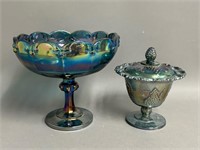 Pair of Blue Carnival Glass Pieces