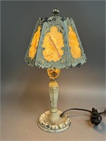 Art Nouveau Six Panel Slag Glass Cast Iron Lamp