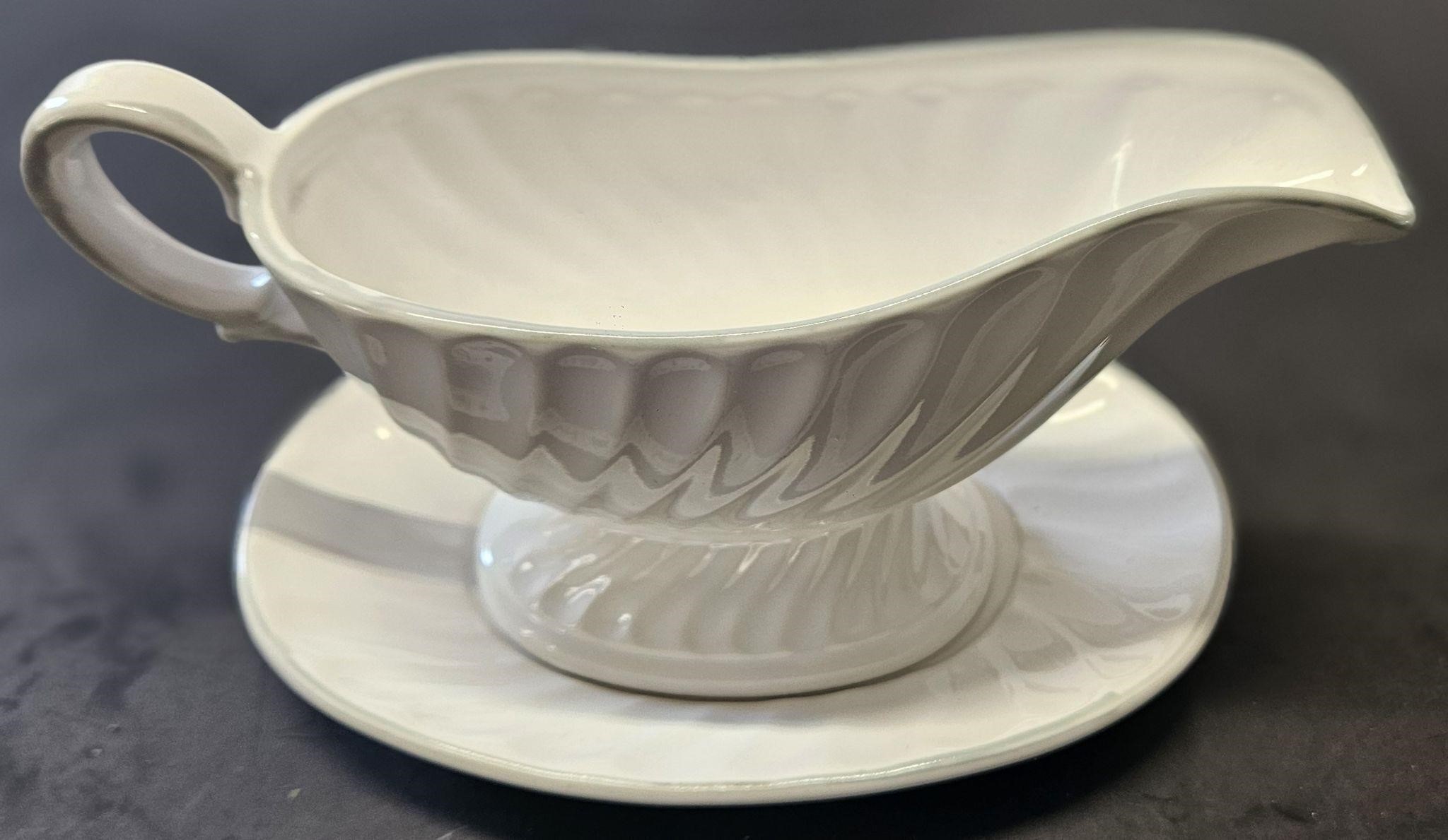 vintage white ceramic gravy bowl and plate