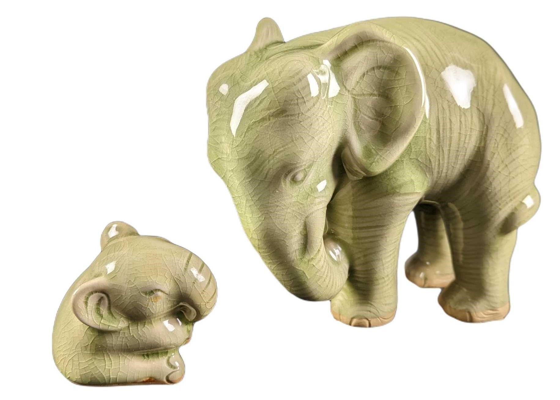 2 Ceramic Vintage Style Happy Green Elephants By N