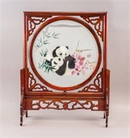 Chinese Rosewood Silk Embroidery Panda w/ Stand