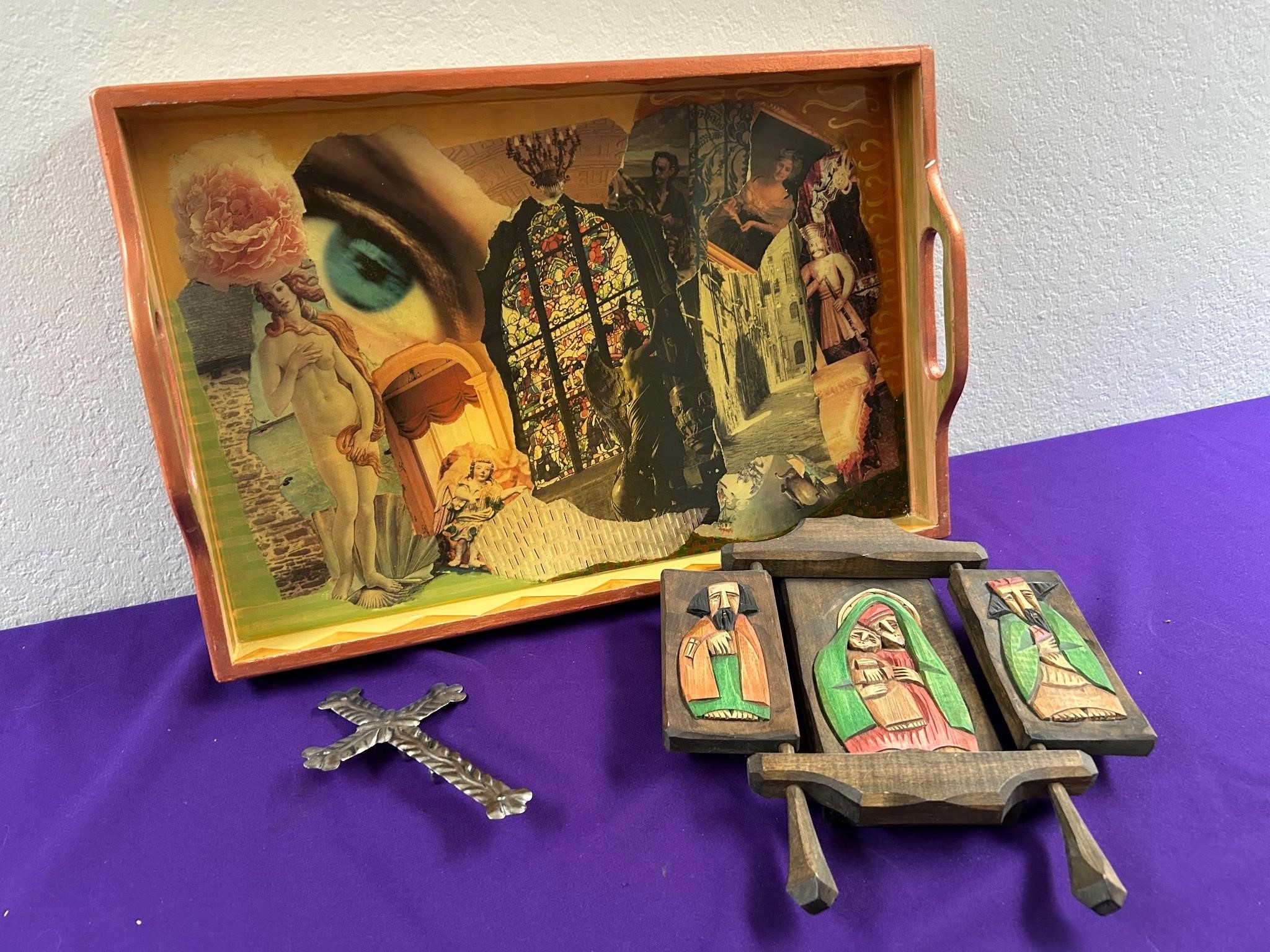 Serving Tray, Metal Cross, Carved Wood Icon