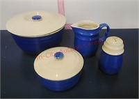 Oxford Stoneware blue ivory casserole, pitcher &