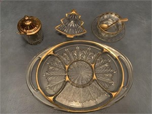 Crystal with gold trim divided tray with handles