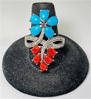 Lg Sterling Turquoise/Coral Diamond Ring 6 Gr S- 9