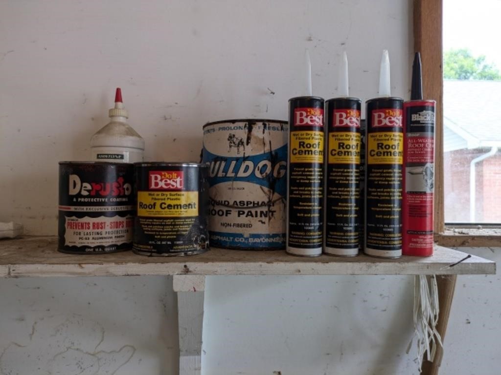 Shelf Lot of Roof Cement, Etc