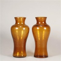 Pair Of Glass Amber Splashed Gold Guanyin Ping Vas