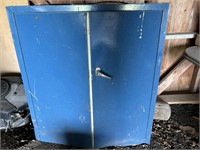 Metal Cabinet with Misc Hardware and stake poles