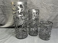 3 Black Metal Leaf Motif Pillar candle Holders