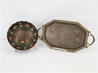 ENAMELED BRASS PEACOCK BOWL & TRAY