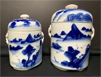 1940s Chinese Tea Caddies Blue White Pair Storage