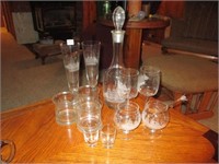 vintage Tuscany etched decanter and glasses