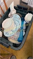 Box of old dishes & transfer ware