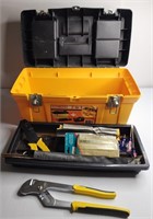 Yellow Tool Box, slip joint plyers, misc  bits