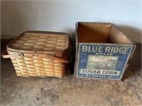 WOODEN BLUE RIDGE SUGAR CORN BOX & WICKER PICNIC