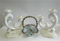 Pair White Portugal Candle Holders & Basket