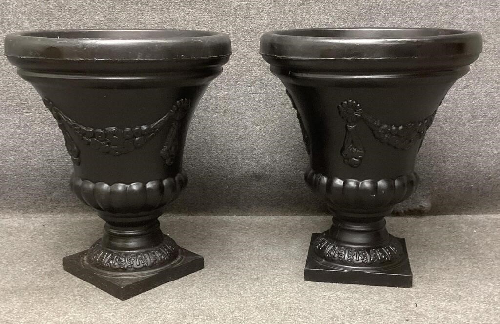 Pair of Large Black Urn Planters