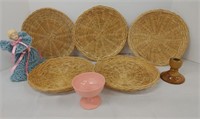 Depression era Sherbet bowl and wicker trays