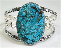 Large Sterling Spider Web Turquoise Cuff 47 Grams