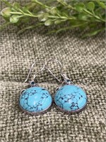 .925 Sterling Silver Turquoise Round Drop Earrings