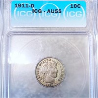 1911-D Barber Silver Dime ICG - AU55