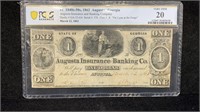 1862 Augusta, GA $1 Obsolete Bank Note PCGS VF20
