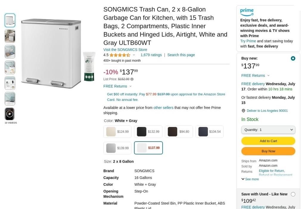 E4236  SONGMICS Trash Can, 2 x 8-Gallon, White/Gra