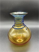 Vintage Blenko Art Glass Vase Yellow W/ Applied