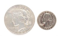 1922 US Liberty one dollar & a 1965 quarter