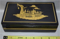 Vtg Gilt Black Lacquer Wooden Dragon Boat Box
